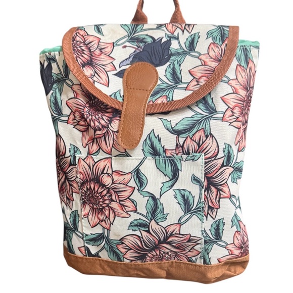 None Handbags - Floral Small Backpack with Tan Accents- Drawstring and Magnetic Closures